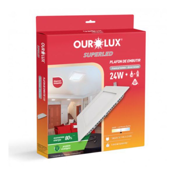 Plafon Embutido Led Quadrado 24W 4000K - Ourolux