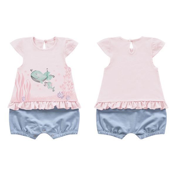 Macacão Kiko Baby Bebê Feminino P-M-G Rosa com Azul Claro