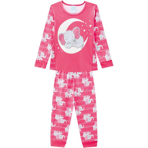 Pijama Manga Longa Kyly Infantil Feminino Elefantinho Tamanho 4-6-8