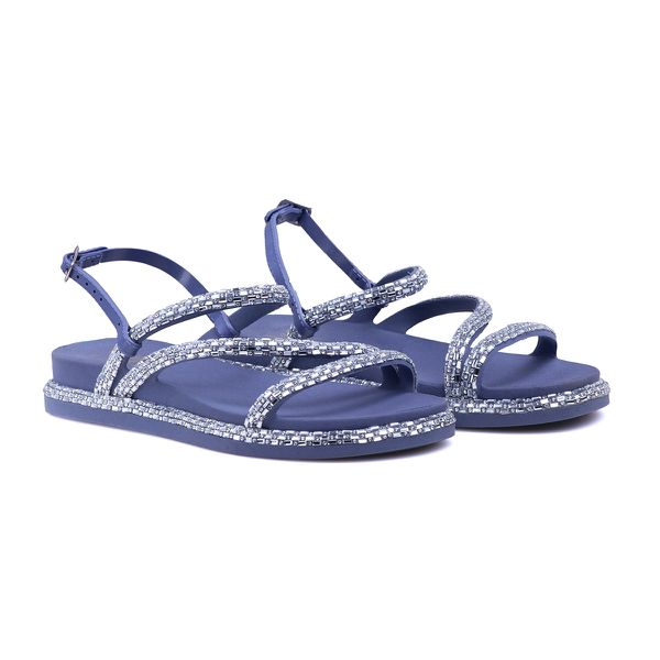 Sandália Feminina Papete Casual Tiras Finas Strass Fivelinha - AZUL