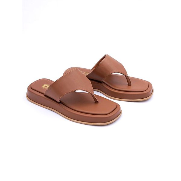 Sandália Feminina Flat Plataforma Dedo Tiras Robustas Largas Confortável - Marrom Claro