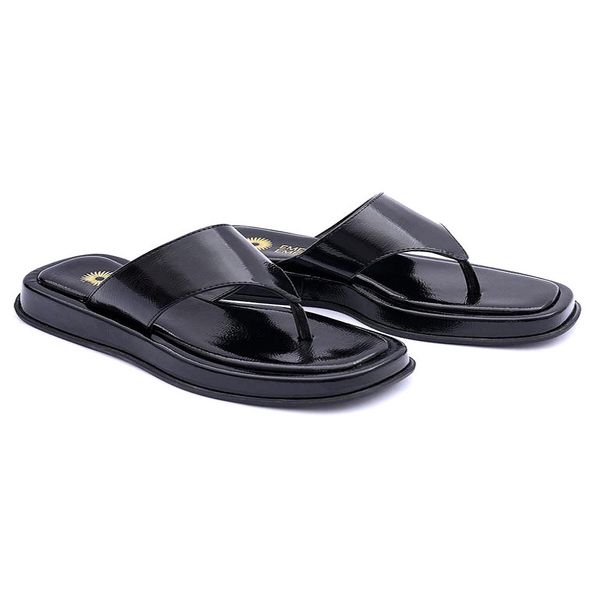 Sandália Feminina Flat Plataforma Dedo Tiras Robustas Largas Confortável - Preta Verniz