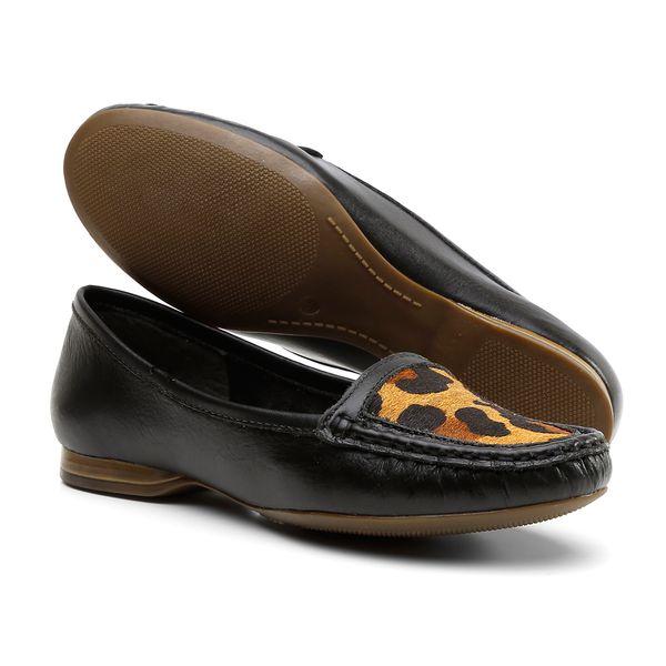 Mocassim Drive Clássico Em Couro Animal Print - Preto Pelo Onça