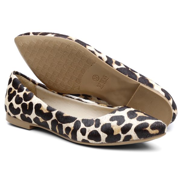 Sapatilha Bico Fino Casual Dia Dia Comfort Em Couro Animal Print - Leopardo