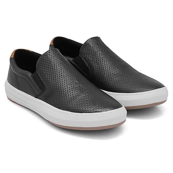 Tênis Slip On Casual em Couro Calce Fácil Elástico - Preto