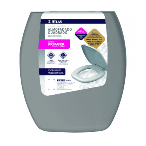 Assento Sanitário Almofadado Quadrado Plást. Cinza Atlas