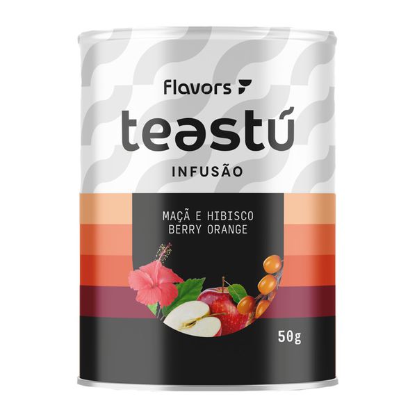 Chá de Maçã e Hibisco, Berry Orange, Capim Limão e Morango 50g, infusão natural e aromática com frutas e ervas selecionadas.