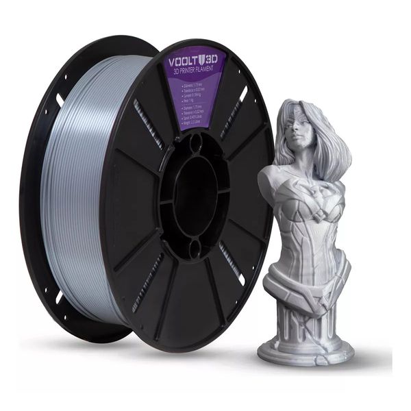 Filamento PLA Alumínio V-Silk 1kg para Impressão 3D, acabamento metálico brilhante e sofisticado.