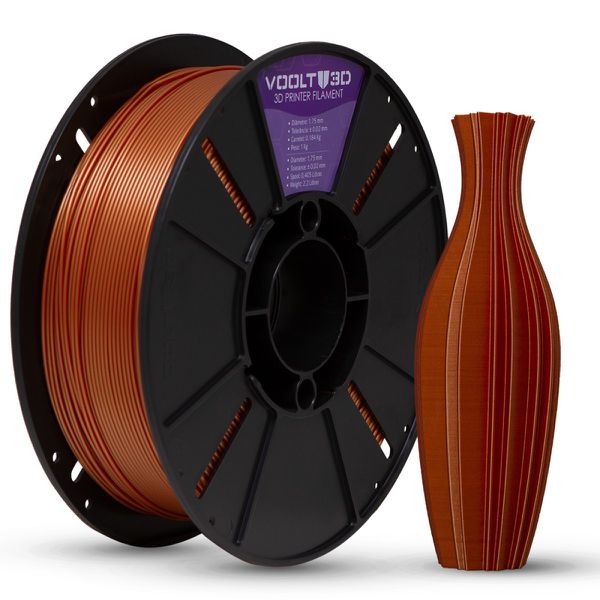 Filamento PLA Cobre Metalizado 1kg para Impressão 3D, acabamento metálico brilhante e cor cobre sofisticada.