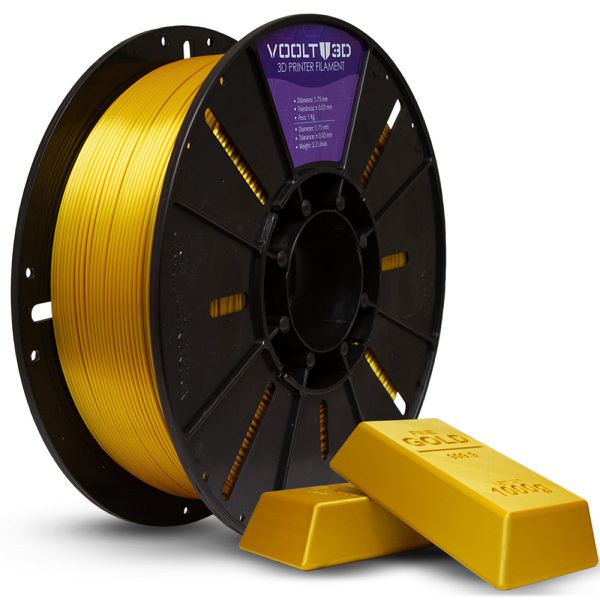 Filamento PLA Dourado V-Silk 1kg para Impressão 3D, acabamento metálico brilhante e cor dourada sofisticada.