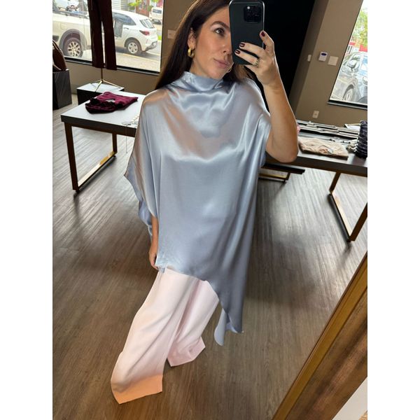 Blusa Kaftan Assimétrica Cetim Azul