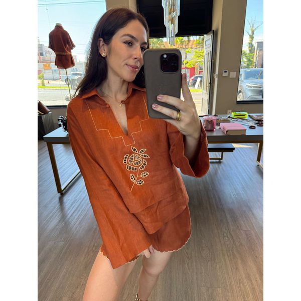 Camisa Manga Longa Bordado Catania Marrom