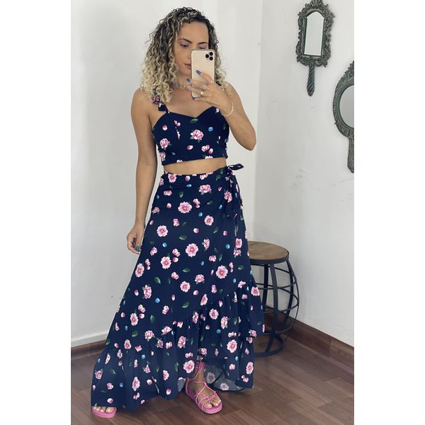 Conjunto saia viscose com crepe Tam nico Oba Fashion