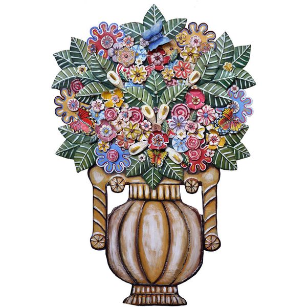 Painel Ânfora de Flores com Apliques em Metal - 139 x 86 cm.