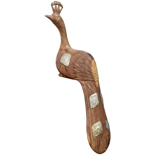 Escultura de Pavão Madeira Natural - Apliques em Metal