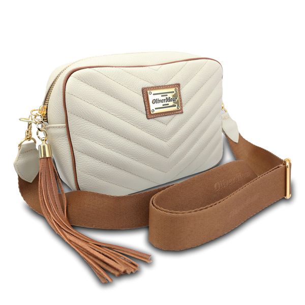 Bolsa Transversal Couro Legitimo Matelassê Off White com Whisky