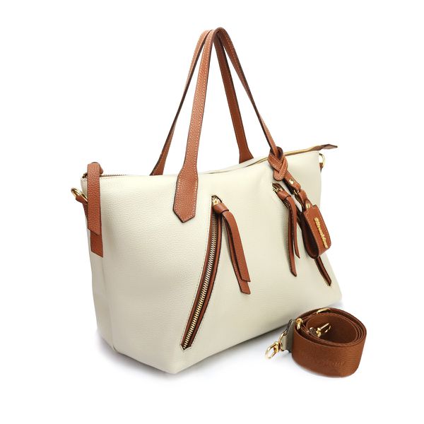 Bolsa Feminina Bowling Couro Legitimo Off White com Detalhes Whisky