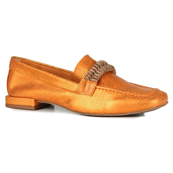 Mocassim Loafer Rebecca Orcade Strass Baby Metal Laranja