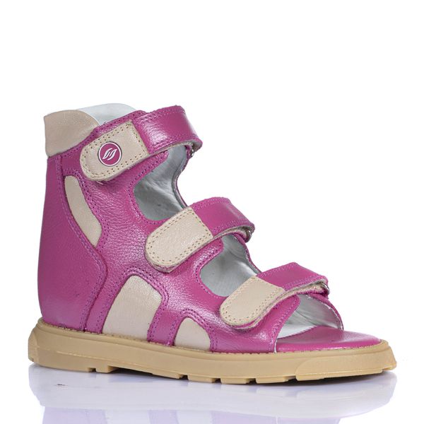 Sandália cano alto 3 velcros em couro pink e bege