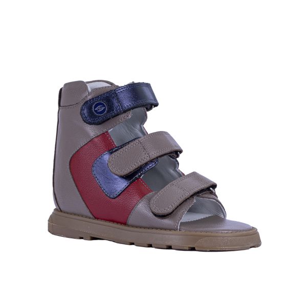 Sandália cano alto 3 velcros couro capuccino vermelho e azul metalico 