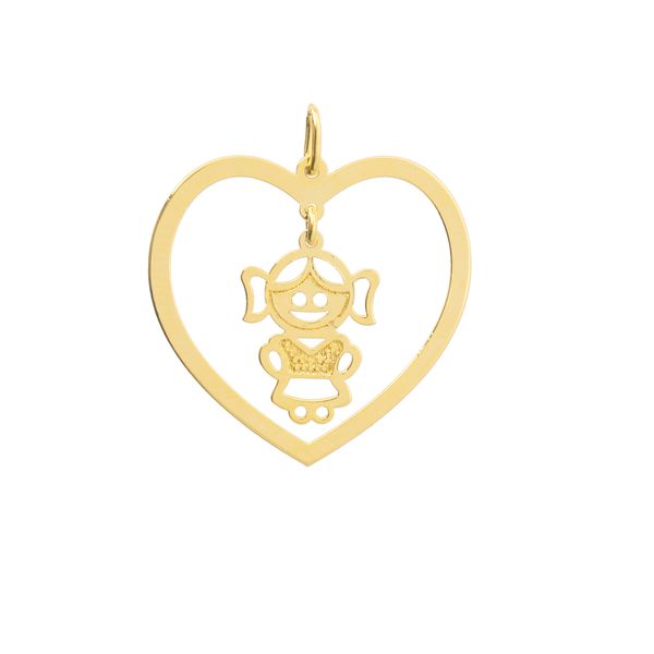 Pingente Menina com Coração Personalizado Ouro 18k