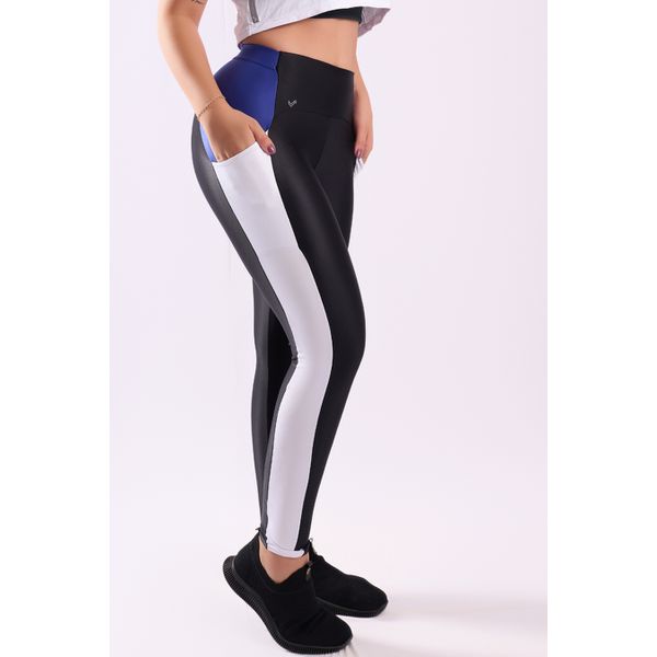 CALÇA LEGGING COS ANATOMICO COM RECORTES E BOLSOS LATERAIS- PRETO COM AZUL BIC E BRANCO