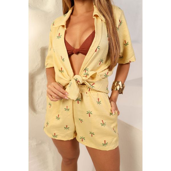 SAIDA DE PRAIA KIMONO COM SHORTS BORDADO LOLIS SUMMER- GRAMA DOURADA
