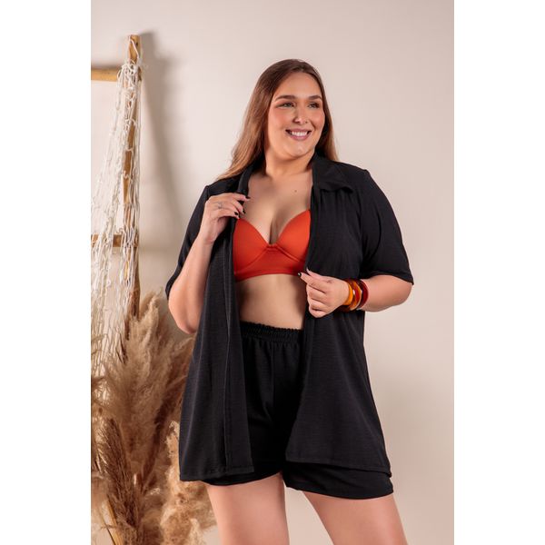 SAIDA DE PRAIA PLUS SIZE KIMONO COM SHORTS AIR FLOW- PRETO
