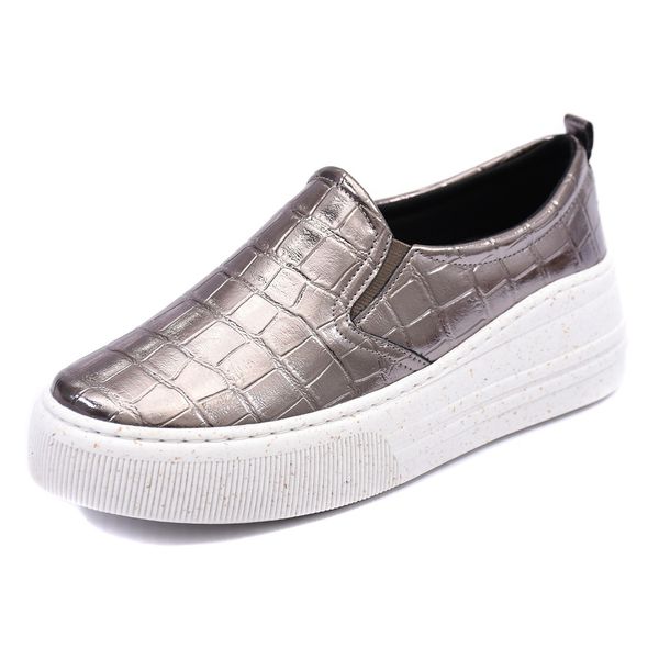 Slip On Feminino Moda Croco Estampado Casual Moderno Prata Frete