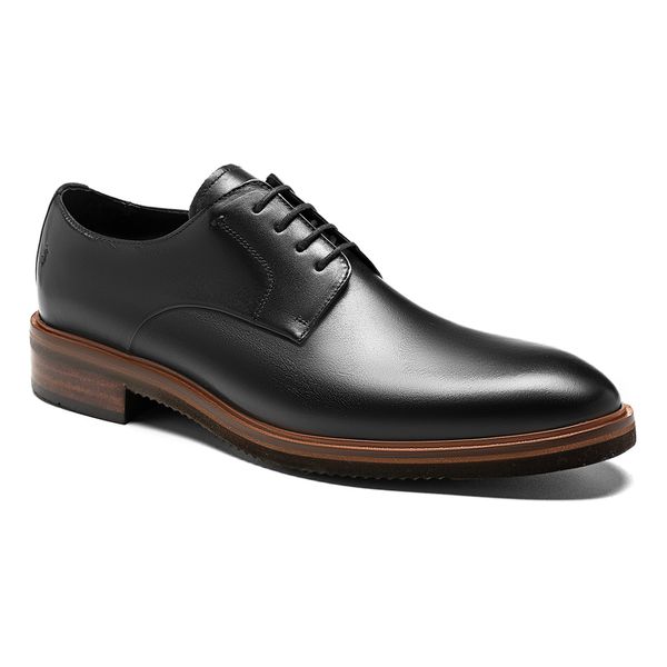 Sapato Derby masculino preto da Salerno Prime, feito em couro legítimo, com design sofisticado e moderno, perfeito para ambientes de trabalho e eventos formais.