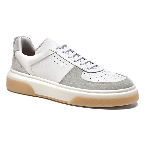 Tênis casual masculino Sneakers Branco Salerno Prime com detalhes em bege no solado