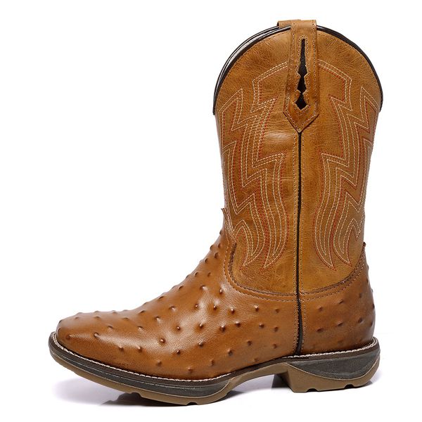 Bota Texana Masculina Solado Jump De Couro Leg Timo R Plica De Avestruz Castanho Com Bordado