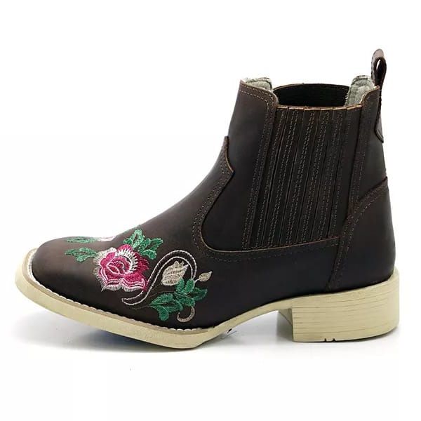 Botina Feminina Marrom Bico Quadrado Bordado Rosa Colorida