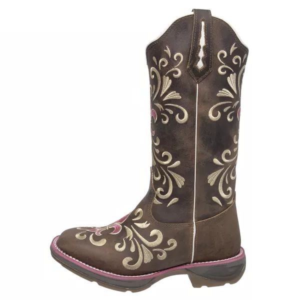 Bota Texana Feminina Marrom com Bordado Lirio Rosa OUTLETRURAL