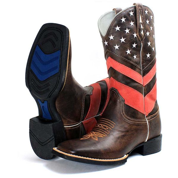 Bota Texana Masculina Cano Alto Marrom Bico Quadrado OUTLETRURAL