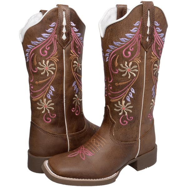 Bota Feminina Hopper Castanho Cano Alto Flores Rosas OUTLETRURAL
