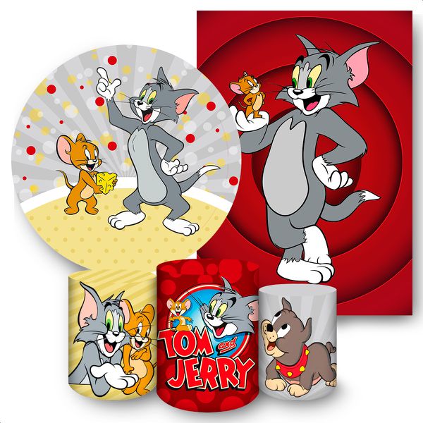 Kit 5 Peças Capa Redonda + Capa Retangular + Trio Capas Cilindros Sublimados Tema Tom e Jerry 192