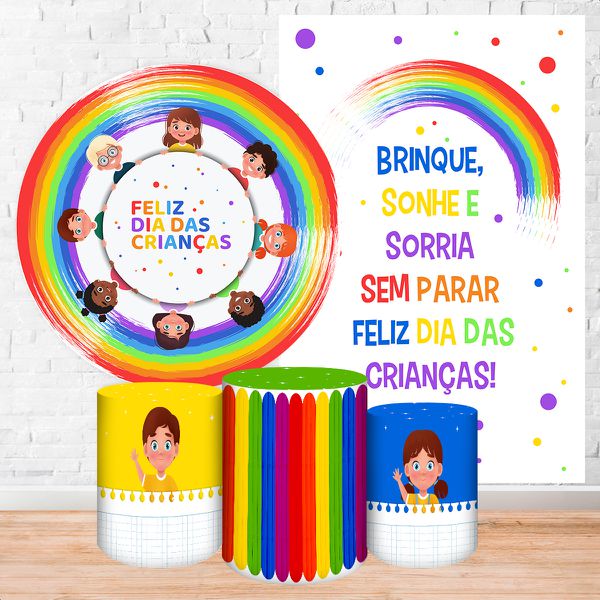 Kit 5 Peças Capa Redonda + Capa Retangular + Trio Capas Cilindros Sublimados Tema Dia das Crianças 2241