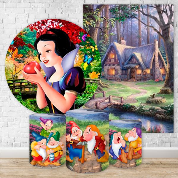 Kit 5 Peças Capa Redonda + Capa Retangular + Trio Capas Cilindros Sublimados Tema Branca de Neve 321