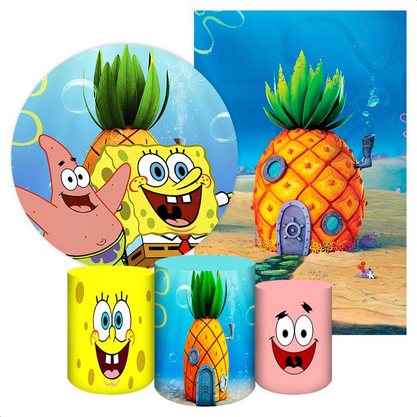 Kit 5 Peças Capa Redonda + Capa Retangular + Trio Capas Cilindros Sublimados Tema Bob Esponja 386