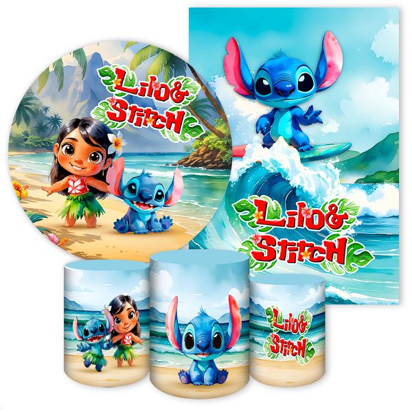 Kit Capa Painel Redondo + Capa Retangular + Trio Capas Cilindros Tema Lilo Stich 7042