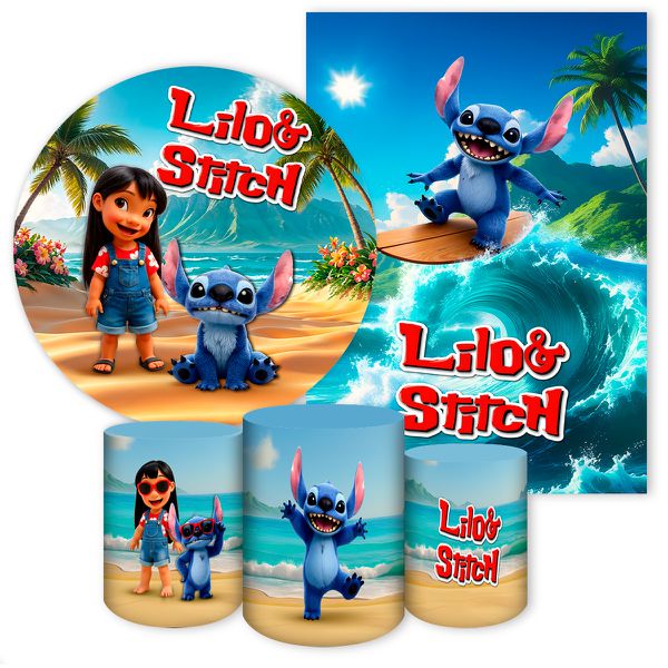 Kit Capa Painel Redondo + Capa Retangular + Trio Capas Cilindros Tema Lilo Stich 7054