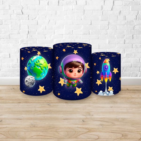Trio Capas Cilindros Sublimados Tema Astronauta Baby Menino Azul 2227