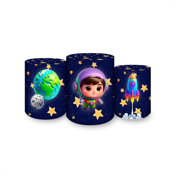 Trio Capas Cilindros Sublimados Tema Astronauta Baby Menino Azul 2227