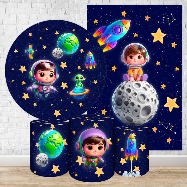 Kit 5 Peças Capa Redonda + Capa Retangular + Trio Capas Cilindros Sublimados Tema Astronauta Baby Menino Azul 2227