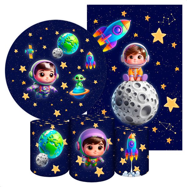 Kit 5 Peças Capa Redonda + Capa Retangular + Trio Capas Cilindros Sublimados Tema Astronauta Baby Menino Azul 2227