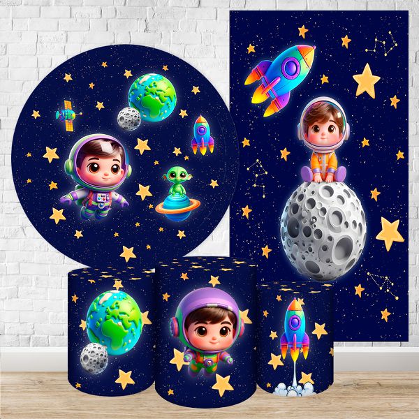 Kit 5 Peças Capa Redonda + Capa Retangular + Trio Capas Cilindros Sublimados Tema Astronauta Baby Menino Azul 2227