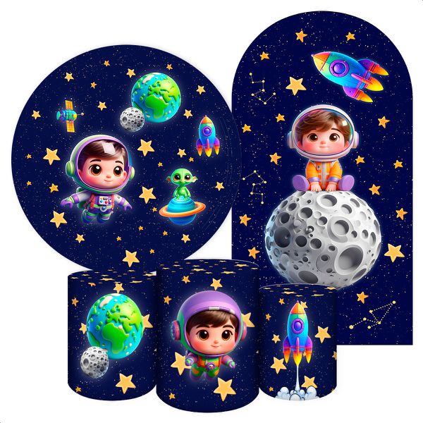 Kit 5 peças Capa Romano Veste Fácil+ Capa Redonda+ Trio Capas Cilindro Sublimados Tema Astronauta Baby Menino Azul 2227