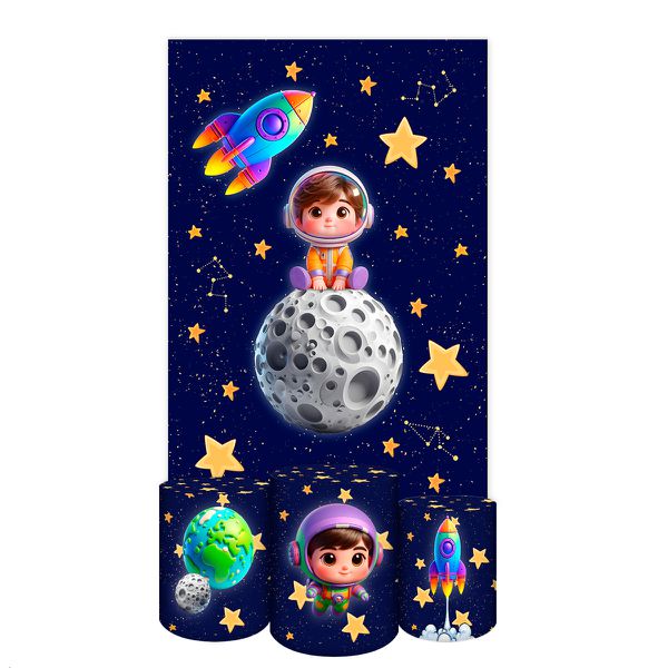 Capa Retangular + Trio Capas Cilindros Sublimados Tema Astronauta Baby Menino Azul 2227