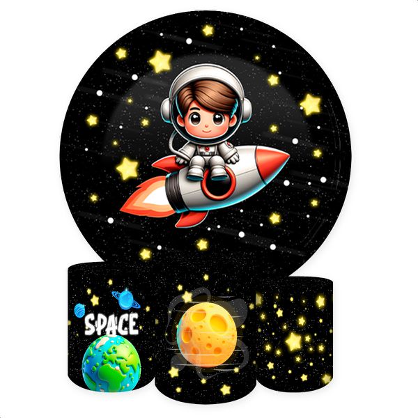 Capa Painel + Trio Capas Cilindros Sublimados Tema Astronauta Baby Menino Fundo Preto 2228